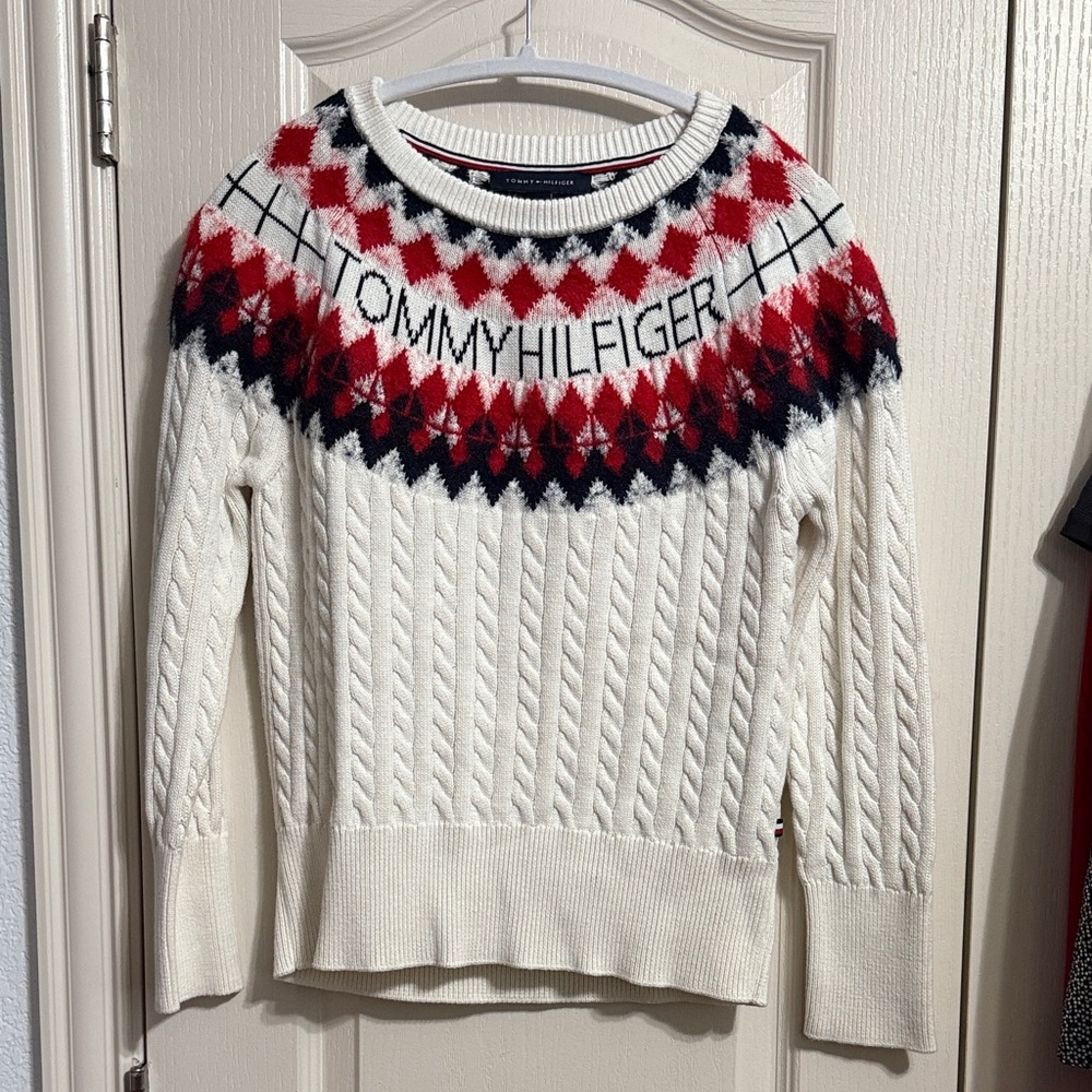Tommy Hilfiger Ivory Cable Knit Fair Isle Sweater Y2K Preppy Winter Holiday Ski - Picture 2 of 6